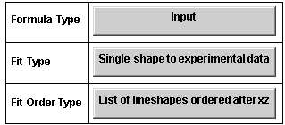 {{Formula Type, Input}, {Fit Type, Single shape to experimental data}, {Fit Order Type, List of lineshapes ordered after xz}}
